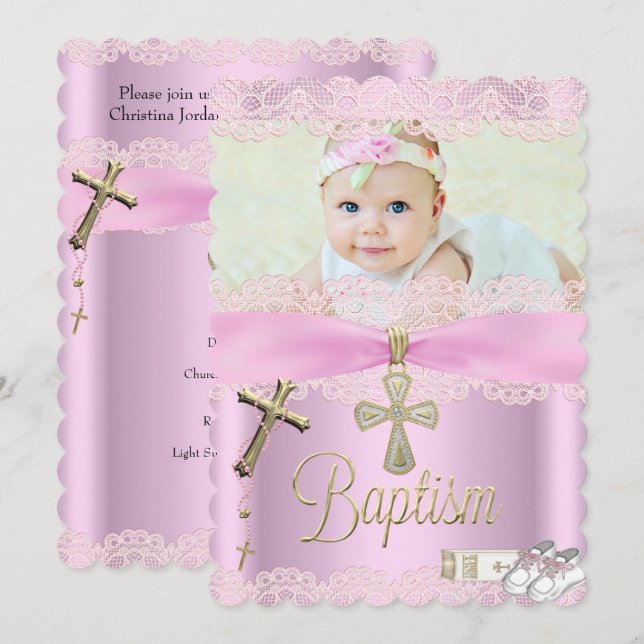 Invitation Croix rose baptême fille dentelle baptême (Devant / Derrière)