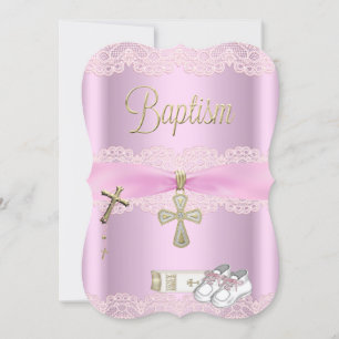 Invitation Croix Rose Baptême Fille Dentelle Christening 2