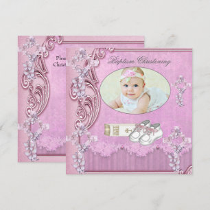 Invitation Croix Rose Baptême Fille Photo baptême 2