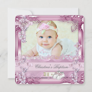 Invitation Croix Rose Baptême Fille Photo baptême Floral