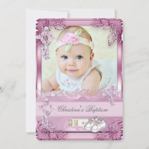 Invitation Croix Rose Baptême Fille Photo baptême Floral