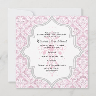 Invitation Croix rose blanc damassé burlap Première communion