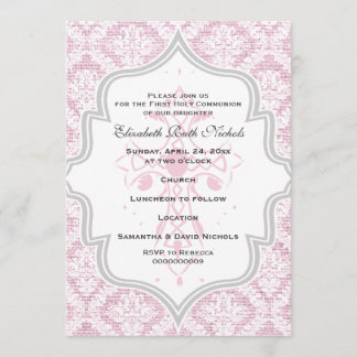 Invitation Croix rose blanc damassé burlap Première communion