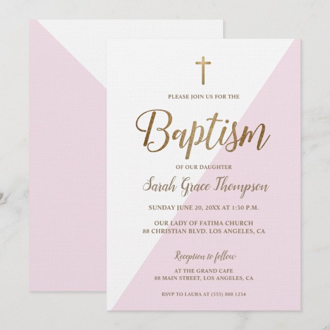 Invitation Croix rose blanche or moderne Baby Girl Baptism (Devant / Derrière)