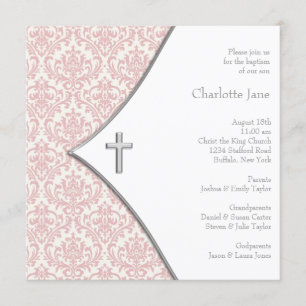 Invitation Croix rose Damask Filles Baptême Christening