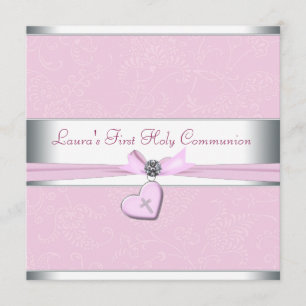 Invitation Croix rose de coeur rose première communion