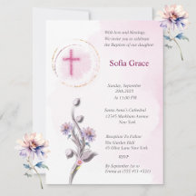 Croix rose douce & Fille florale Baptême Invitat