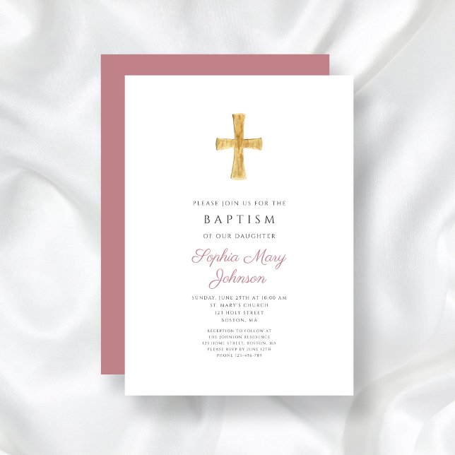 Invitation Croix rose Dusty moderne Baptême de fille religieu (Modern Dusty Pink Cross Religious Girl Baptism Invitation)