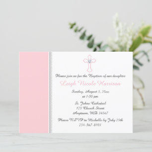 Invitation Croix rose et gris Baby Girl Baptism Christening