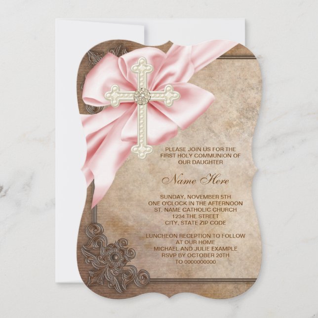 Invitation Croix rose et marron Première communion (Devant)