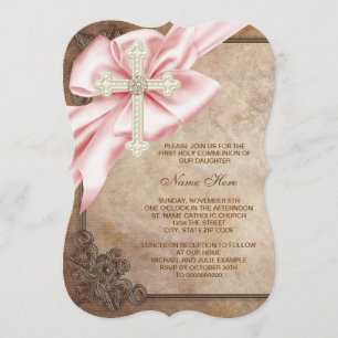 Invitation Croix rose et marron Première communion
