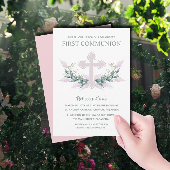 Invitation Croix rose et première communion Feuille (Pink Cross and Leaves First Communion Invitations)