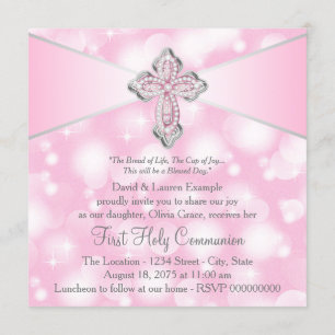 Invitation Croix rose étincelle Première communion sainte