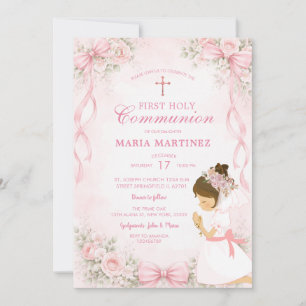 Invitation Croix rose fille florale priant 1ère communion