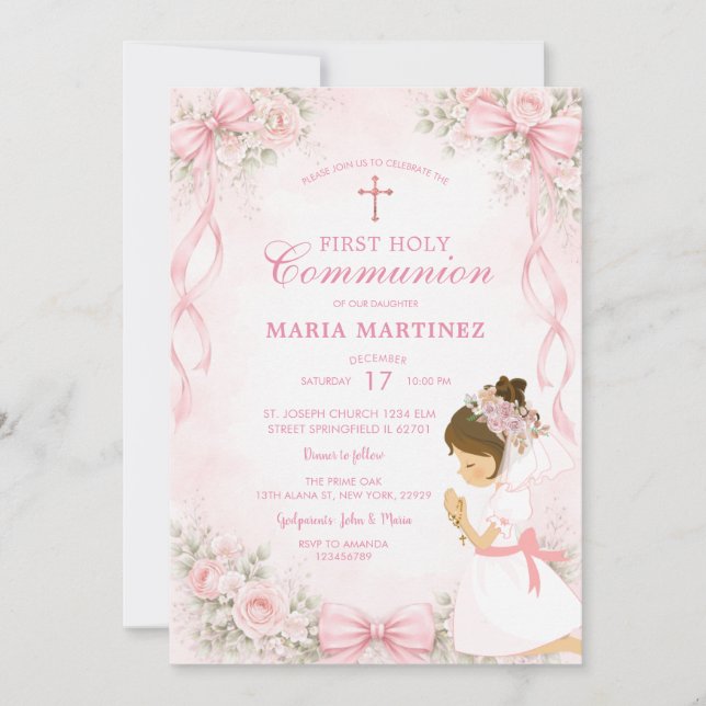 Invitation Croix rose fille florale priant 1ère communion (Devant)