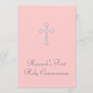 Invitation Croix rose filles Première communion rose
