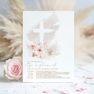 Invitation Croix rose Fleur Exotique Pampas Grass Girl Baptêm