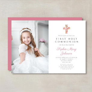 Invitation Croix rose florale fille première communion photo