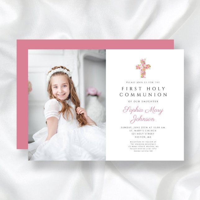 Invitation Croix rose florale fille première communion photo (Pink Floral Cross Girl First Communion Photo Invitation)