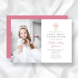 Invitation Croix rose florale fille première communion photo
