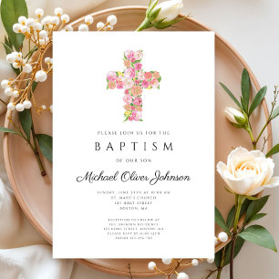 Invitation Croix rose florale religieuse élégante pour baptêm