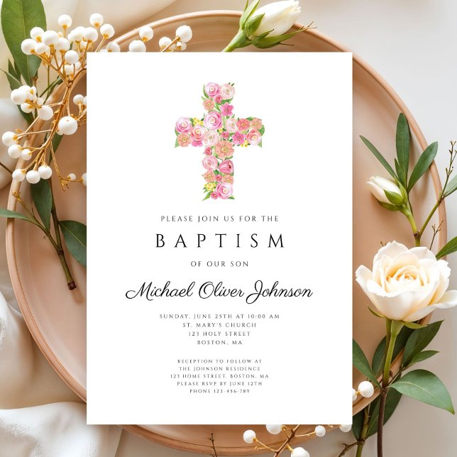 Invitation Croix rose florale religieuse élégante pour baptêm (Elegant Religious Floral Pink Cross Baptism Invitation)