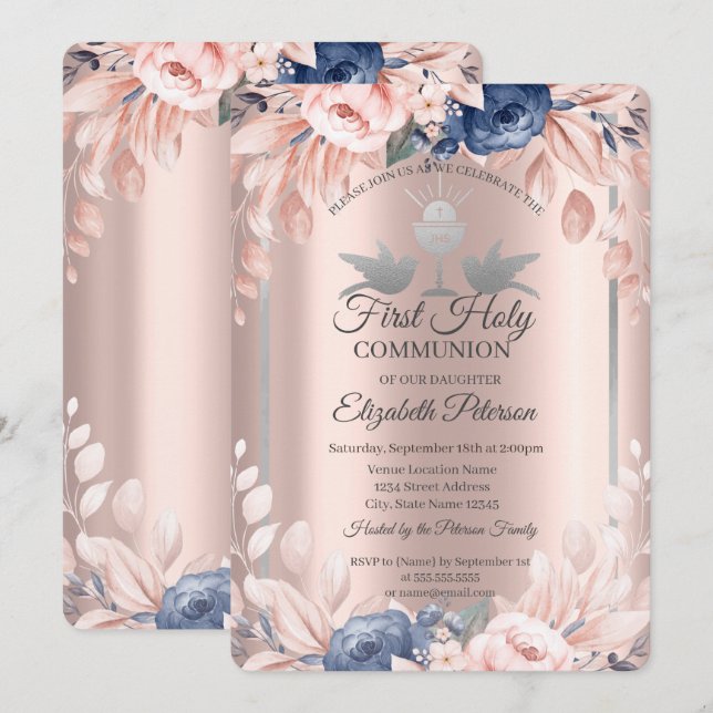 Invitation Croix Rose Gold Flowers Première Sainte Communion  (Devant / Derrière)