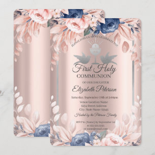 Invitation Croix Rose Gold Flowers Première Sainte Communion