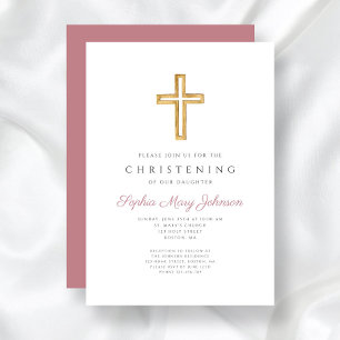 Invitation Croix rose moderne Christening fille