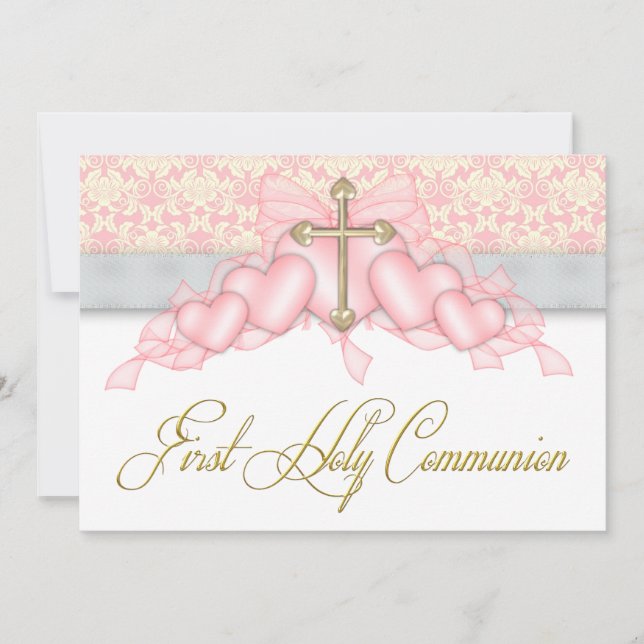 Invitation Croix Rose Or Fille Rose Première Communion (Devant)