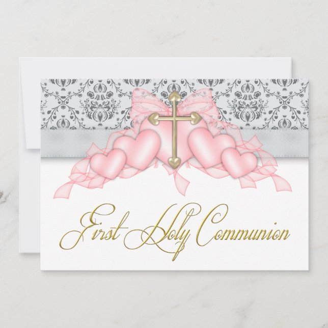 Invitation Croix Rose Or Fille Rose Première Communion (Devant)