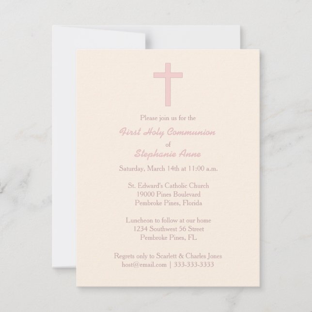 Invitation Croix rose pastel communion (Devant)