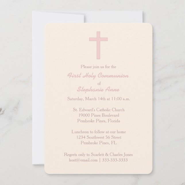 Invitation Croix rose pastel communion (Devant)