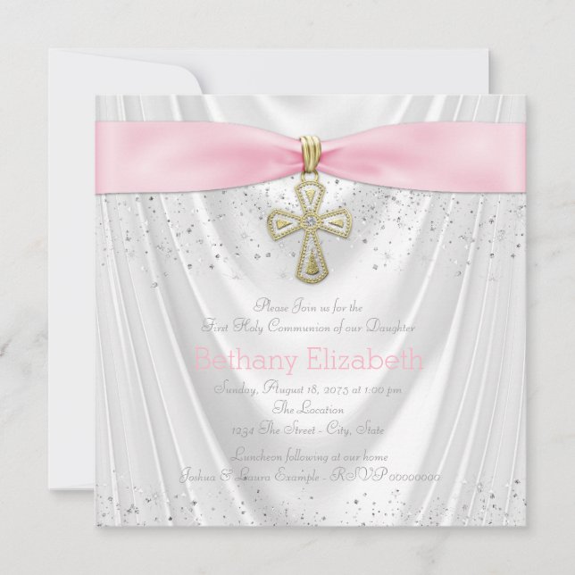 Invitation Croix rose Première communion Satin blanc Paillett (Devant)