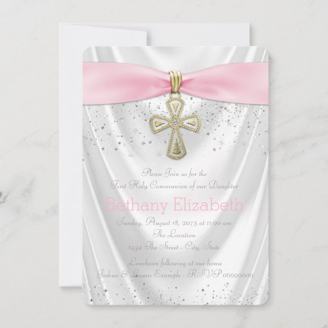 Invitation Croix rose Première communion Satin blanc Paillett (Devant)