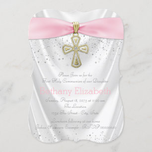 Invitation Croix rose Première Communion Satin Blanc Rose