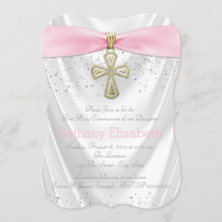 Invitation Croix rose Première communion Satin blanc rose