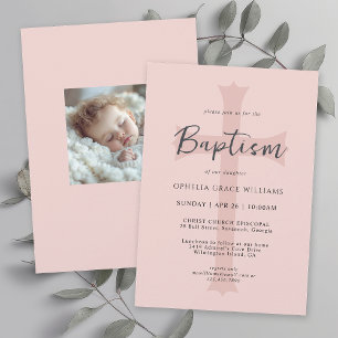 Invitation Croix rose simple Baptême chrétien avec photo