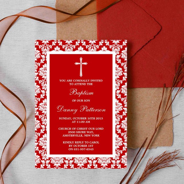 Invitation Croix Rouge Damas Baptême Ou Baptême (Créateur téléchargé)