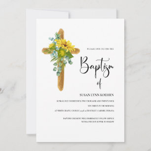 Invitation Croix Rustique En Bois Avec Fleurs De Soleil Baptê