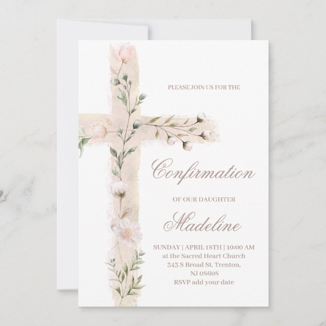 Invitation Croix sainte florale Confirmation (Devant)