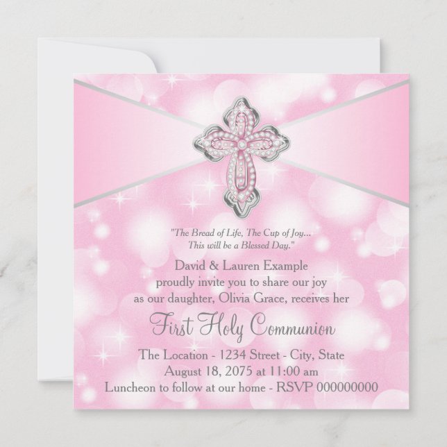 Invitation Croix scintillante rose pour la première communion (Dos)