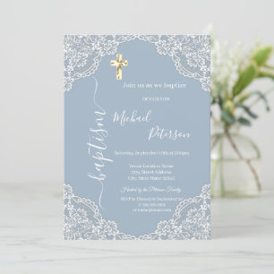 Invitation Croix simple en or, baptême, bleu poussiéreux à la