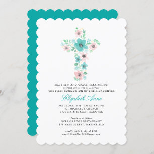 Invitation Croix turquoise de l'aquarelle Fleur première comm