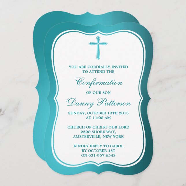 Invitation Croix Turquoise Métallique Communion Ou Confirmati (Devant / Derrière)