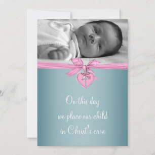 Invitation Croix Turquoise rose Bébé Fille Photo Christening