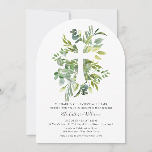 Invitation Croix végétale florale Baptême (Devant)
