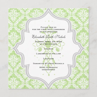 Invitation Croix verte blanc damassé burlap Première communio