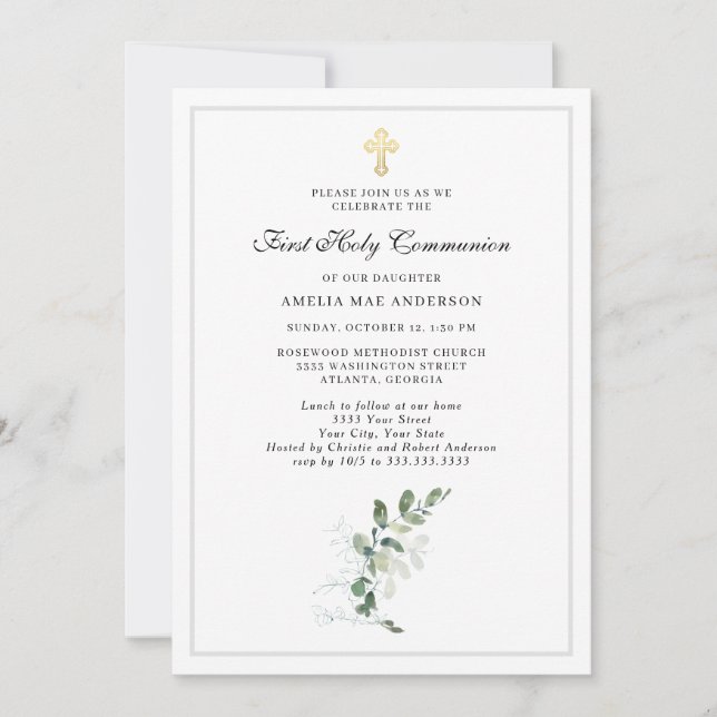 Invitation Croix verte Eucalyptus Première communion sainte (Devant)