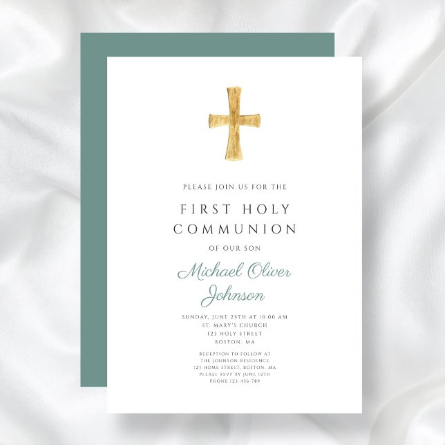 Invitation Croix verte moderne Garçon première communion sain (Modern Green Cross Boy First Holy Communion Invitation)